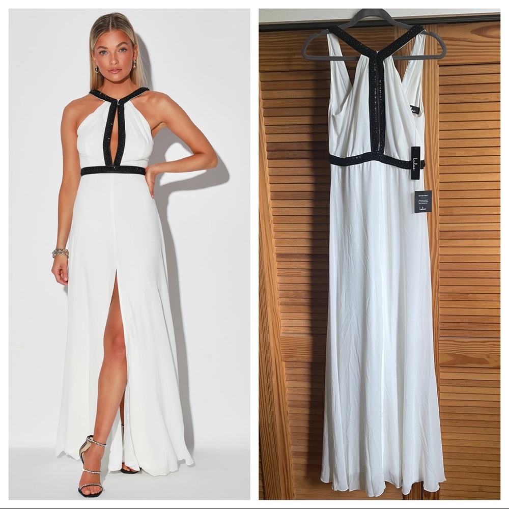 Lulus NWT ‘A Perfect Dream’ White beaded Halter Maxi